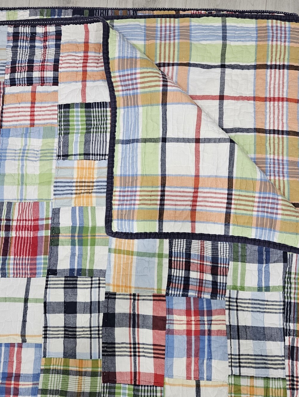 Pottery Barn Kids Madras Plaid Patchwork F/Q Quilt Reversible Cotton Red Blue